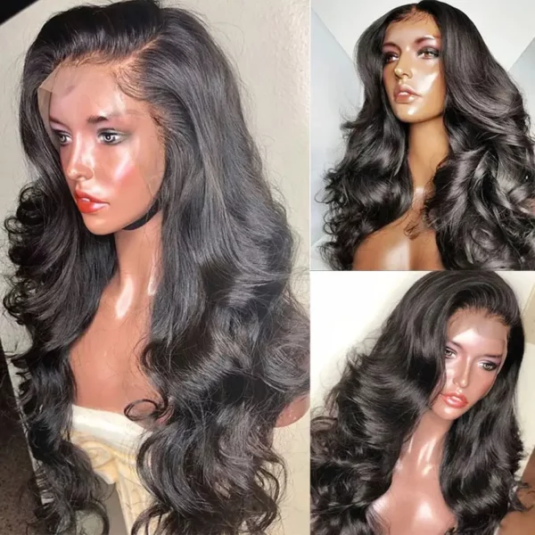 24″(60cm) / 180 densidad/ ondulado, Lace Frontal 13x4 Pelucas Mujer Pelo Natural Humano Color #1 - Imagen 5