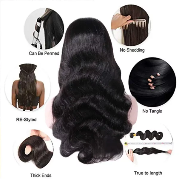 24″(60cm) / 180 densidad/ ondulado, Lace Frontal 13x4 Pelucas Mujer Pelo Natural Humano Color #1 - Imagen 4