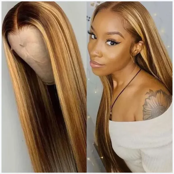 24″(60cm) / 180 densidad/ liso, Lace Frontal 13x4 Pelucas Mujer Pelo Natural Humano Color P#4/27 - Imagen 3