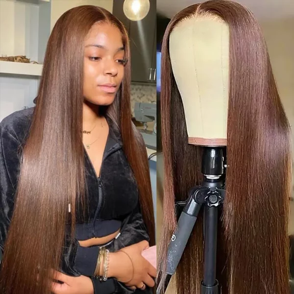 24″(60cm) / 150 densidad/ liso, Lace Frontal 13x4 Pelucas Mujer Pelo Natural Humano Color #8