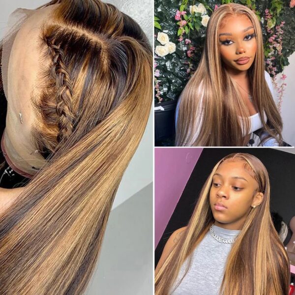 24″(60cm) / 180 densidad/ liso, Lace Frontal 13x4 Pelucas Mujer Pelo Natural Humano Color P#4/27 - Imagen 5