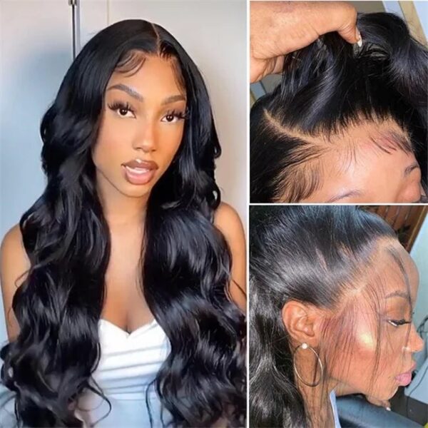 24″(60cm) / 180 densidad/ ondulado, Lace Frontal 13x4 Pelucas Mujer Pelo Natural Humano Color #1